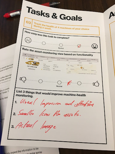 Tasks and Goals worksheet completed during a usability session